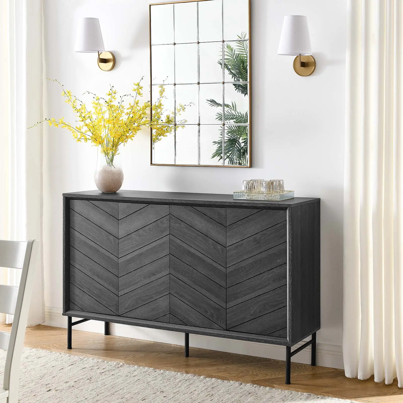 Modway Harper Chevron Sideboard - Black Modern Accent Storage Cabinet, Adjustable Durable Indoor Use Furniture with Assembly Required
