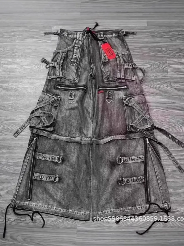 Unique streetwear, distressed and aged, patchwork design, multiple pockets, workwear pants, denim pants.