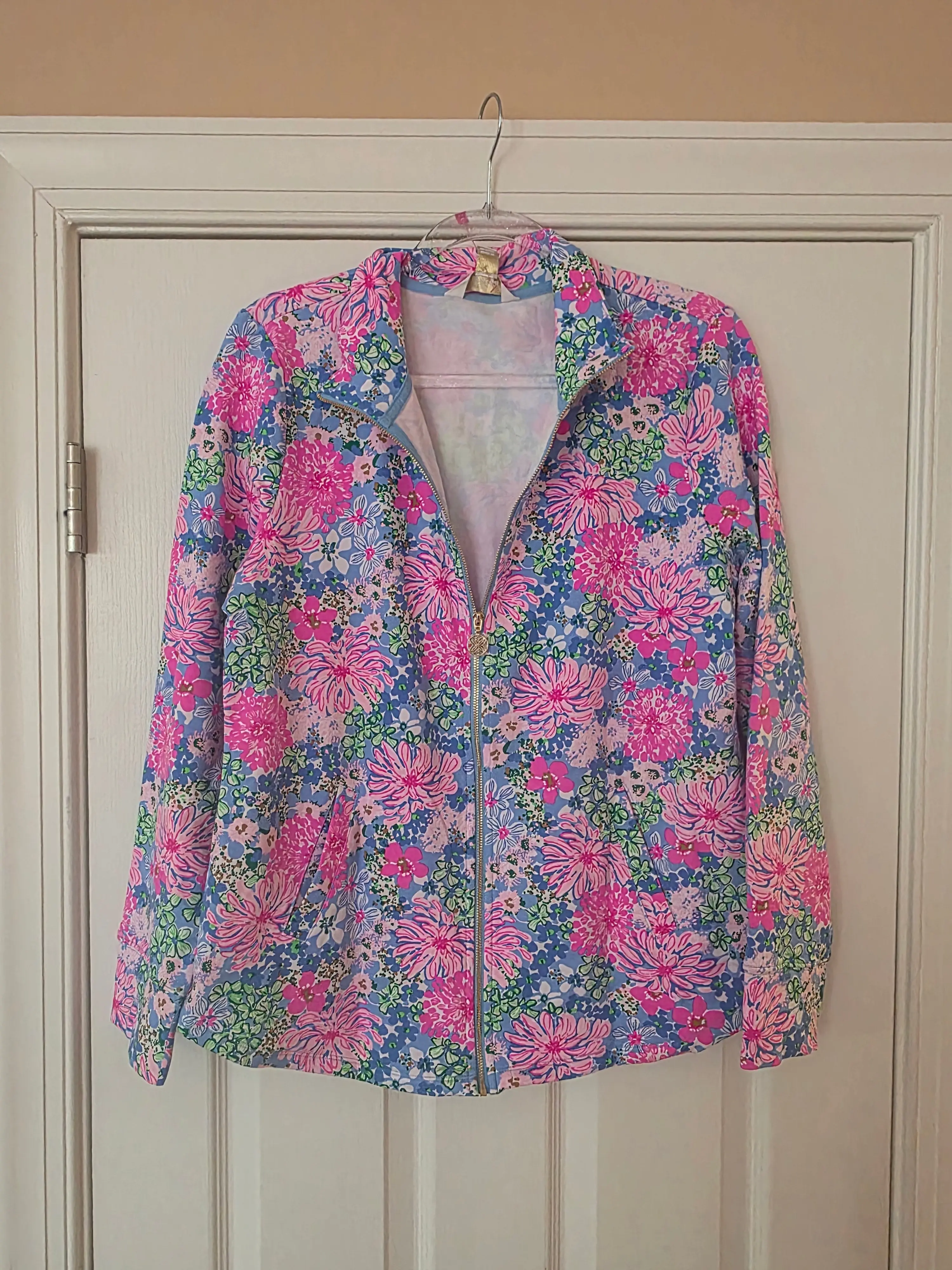 Lilly Pulitzer Pink Floral Jacket (Size Medium) Leonard Full Zip