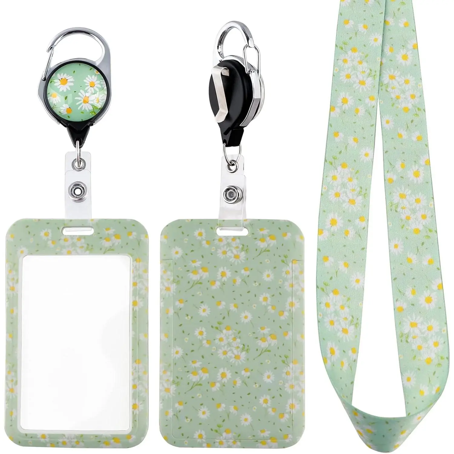 SQ-BR093 Green Daisy Teachers ID Lanyard Badge Holder & Retractable Badge Reel Clip Cute Floral Keychain Lanyard for Women Girls for ID Badges & Keys Preppy Aesthetic School ID Holder