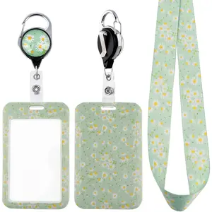 SQ-BR093 Green Daisy Teachers ID Lanyard Badge Holder & Retractable Badge Reel Clip Cute Floral Keychain Lanyard for Women Girls for ID Badges & Keys Preppy Aesthetic School ID Holder