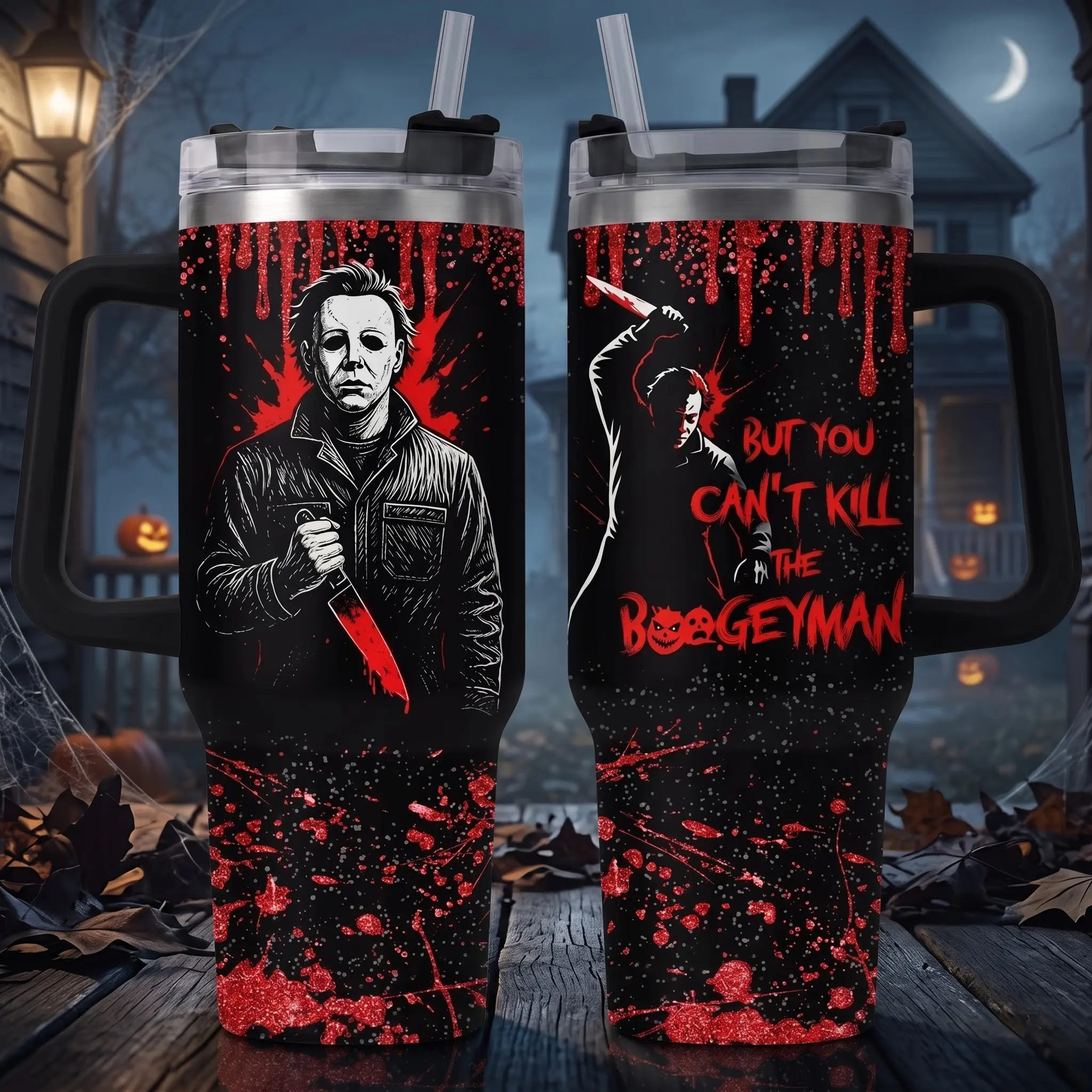 Michael Myers Tumbler 40oz Handle Straw, Insulated Travel Mug, Halloween Horror Movie You Cant Kill The Boogeyman Blood Drip Black Red Cup, Killer Fan Gift, Vintage Retro Car Water Bottle