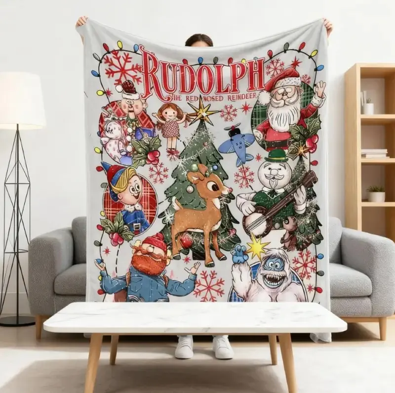 Rudolph the Red - Nosed Reindeer Christmas - Themed Blanket| Sofa Binging Throw, AC Home Blanket, Outdoor Picnic Vibe For Christmas party decor, winter family movie nights, New Year gathering decor Ideal for Christmas, New Year's Day, New Year