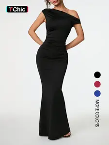 Women's solid color, one-shoulder, asymmetrical, sleeveless, extra-long fishtail dress; suitable for everyday dates and travel, parties, elegant evening wear, formal wear, outings, nightclubs, and dates.