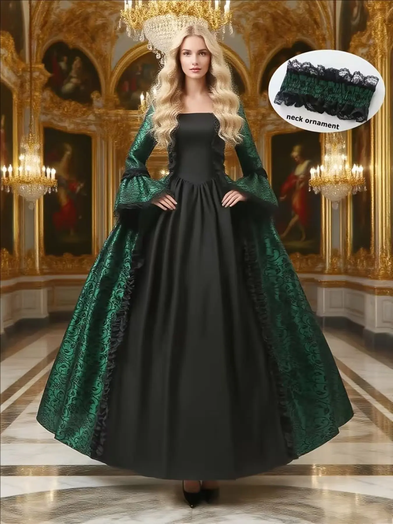 Women's Halloween Gothic Retro Dress, Bell Sleeve Lace Trim, Elegant Print, Role Play Court Party Stage Renaissance Costume, All Seasons