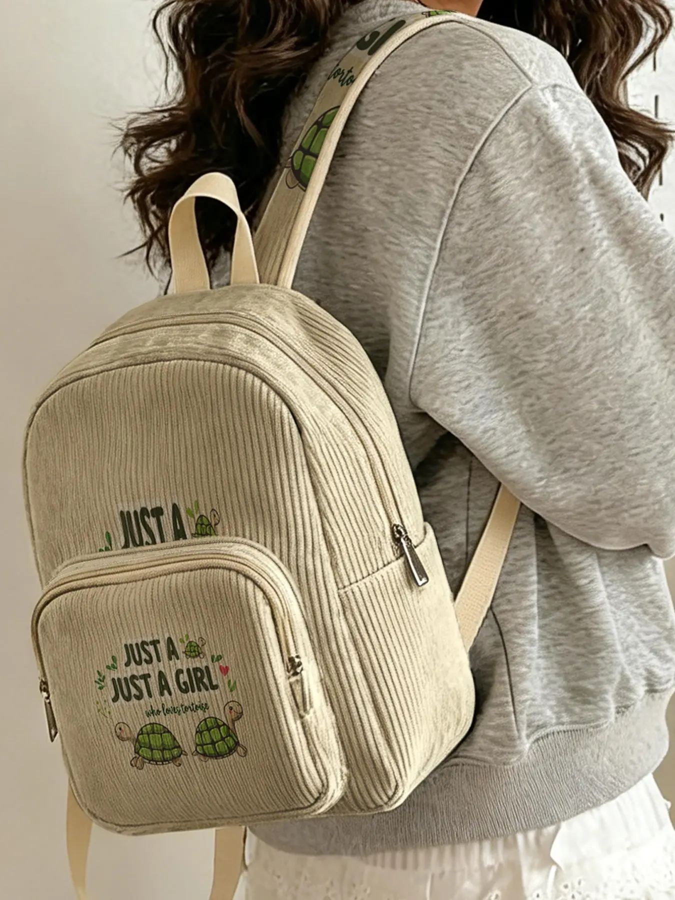 1pc 2D printed lady's backpack, College school backpack, with turtle + JUSTAGIRL pattern, corduroy texture, layered storage, lightweight, perfect for students to go to class/shopping/short trips, stylish and practical