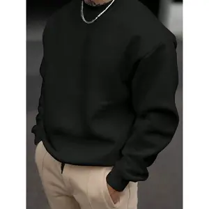 Men's Loose Solid Drop Shoulder Round Neck Sweatshirt, Casual Minimalist Long Sleeve Crew Neck Pullover For Spring Fall, Men's Clothes For Daily Wear