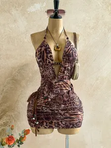 Soleia New Women's Vacation Casual Retro Vacation Western Beach Wedding Guest Attire, Graduation, Brunch, Music Festival, Valentine's Day, Party, Afternoon Tea, Elegant, Bohemian, Tropical, Elegant, Vintage, Leopard Print Strapless, Sexy Deep V Halter Ti