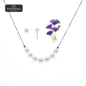 ANGEPERLE S925 Sterling Silver Freshwater Pearl "Smile" Necklace (Includes Stud Earrings and Brooch) 6–7mm and 9–10mm stud earrings TSJ454