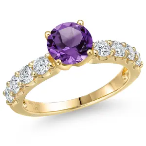 14K Yellow Gold Purple Amethyst and Lab Grown Diamond Engagement Ring For Women | 2.30 Cttw | Round 7MM | Gemstone February Birthstone