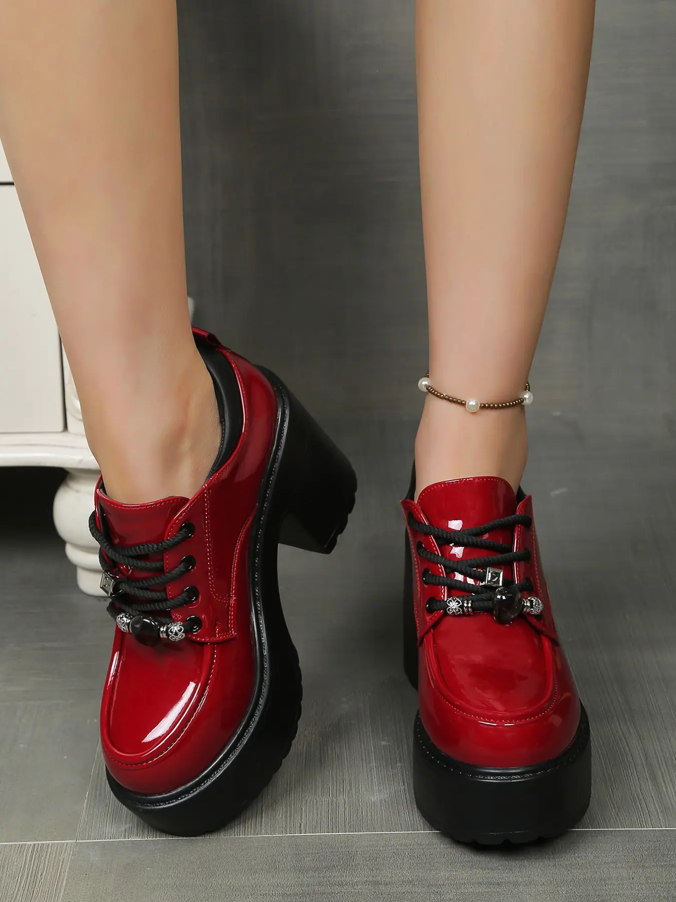 Women's 10CM Comfortable Height Boost Platform Lolita Shoes | Gothic Dark Sweet Style | Patent Leather Lace Up Heart Decor Non-Slip Sole | For Cosplay, Date, Party, Streetwear | Chunky Platform Shoes Lace Up Heels