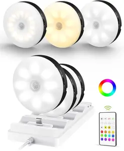 Under Cabinet Lighting with Charging Station, 1000mAh Rechargeable Puck Lights with Remote, 3 Color Temps & 12 RGB Closet Lights, Dimmable Motion Sensor Lights for Shelf, Kitchen (6 Packs)