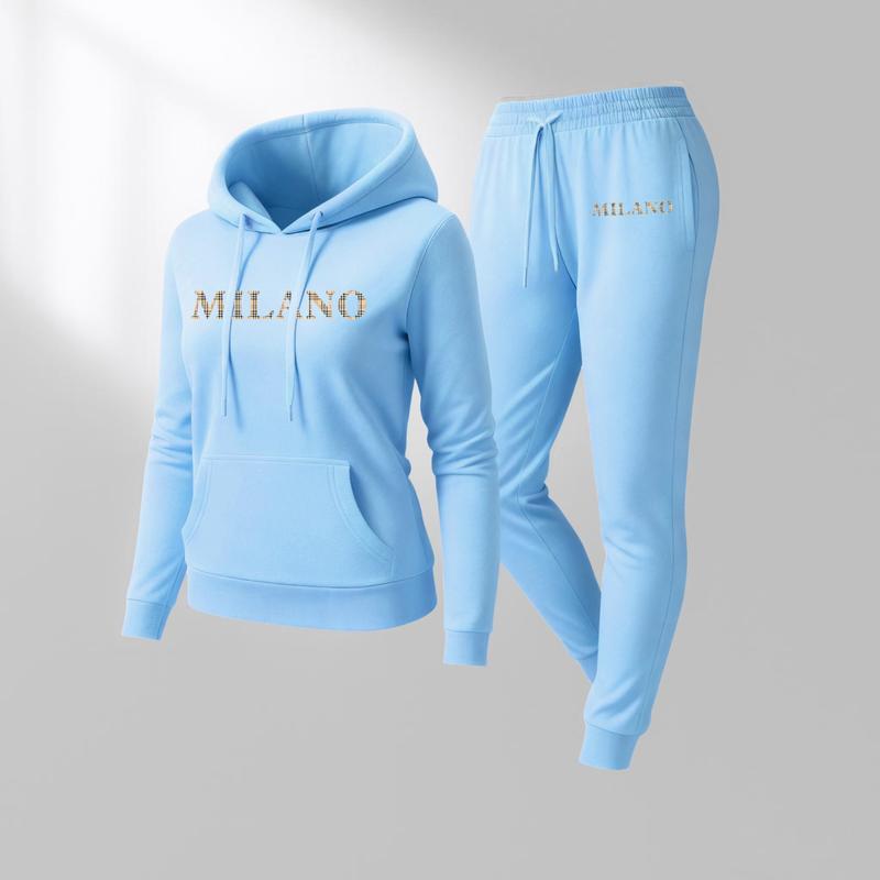 Women's MILANO Print Hoodie And Drawstring Track Pants Set, Casual Sportswear, Long-Sleeved Hooded Jacket And Pants, Suitable For Autumn And Winter, Everyday Wear, Indoor And Outdoor Sportswear, Casual Sportswear.