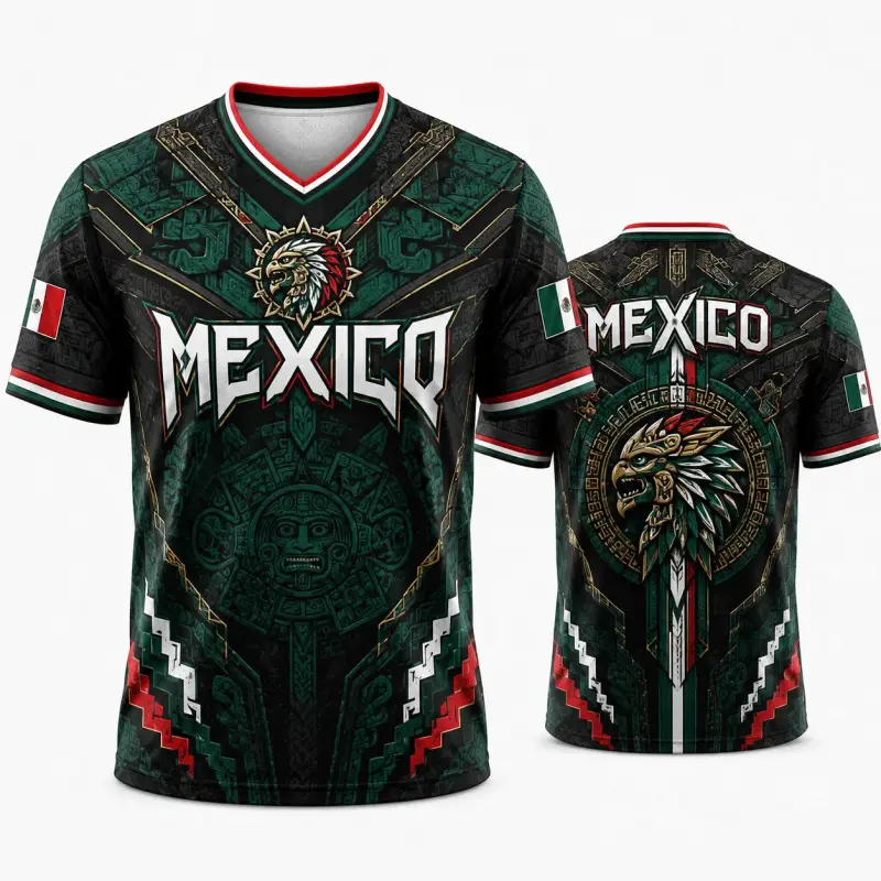 Men's Mexico Jersey 2026, V-Neck Short Sleeve Soccer Fan Shirt with Aztec Calendar Eagle Warrior Graphic, Mens Clothing