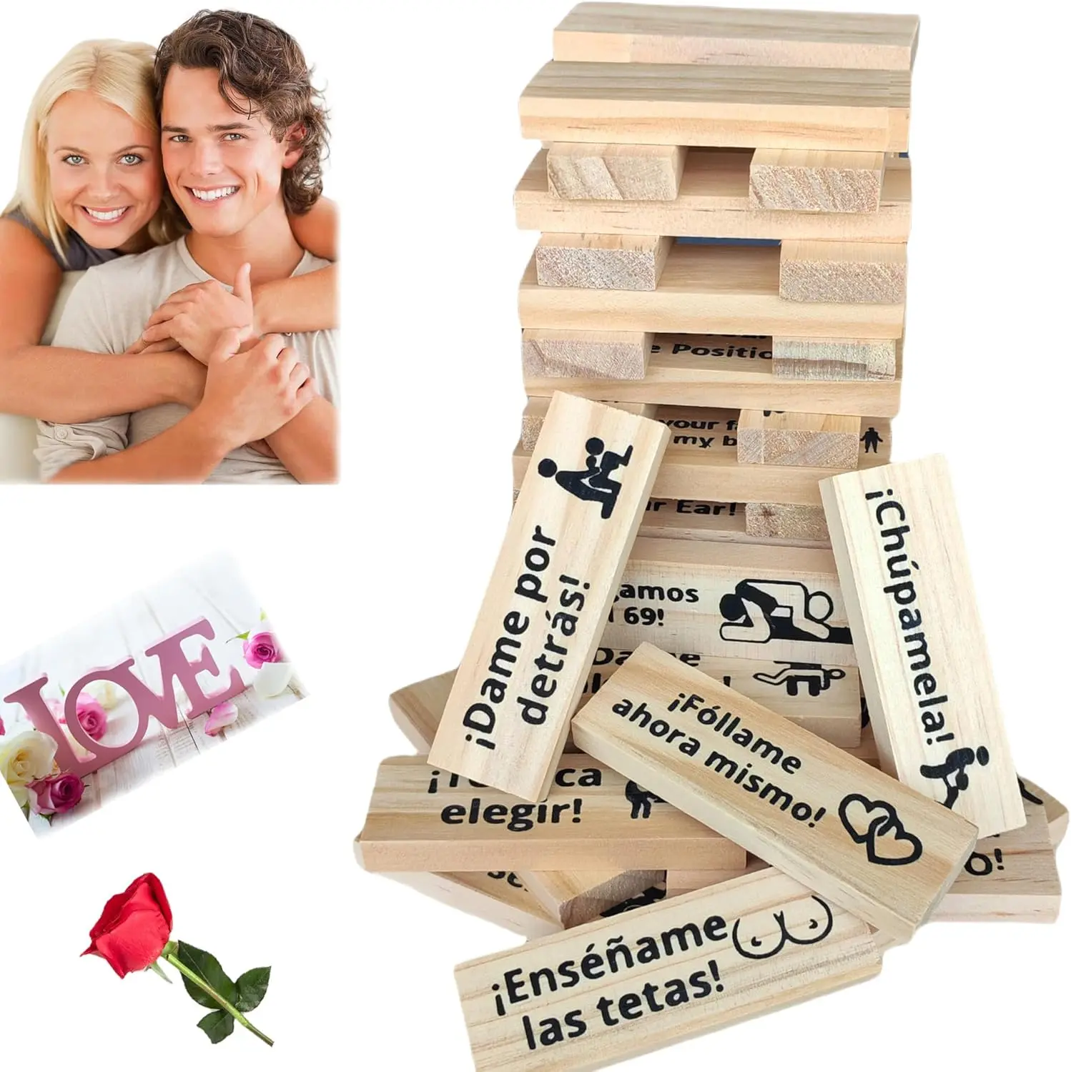 Wooden Tumble Tower Blocks Set - Spanish Text Stacking Game, Valentine Couple Fun Tumbling Play, Adult Couple Gifts, Black Friday Deal, 1 Set for Gifting Occasions