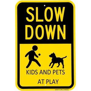Kids and Pets at Play Sign - 2 Pack - Neighborhood Street Slow Down Caution Yard Lawn Sign- Aluminum Rust Free - 7" x 9.8" Pre-Drilled Holes, Weather Resistant