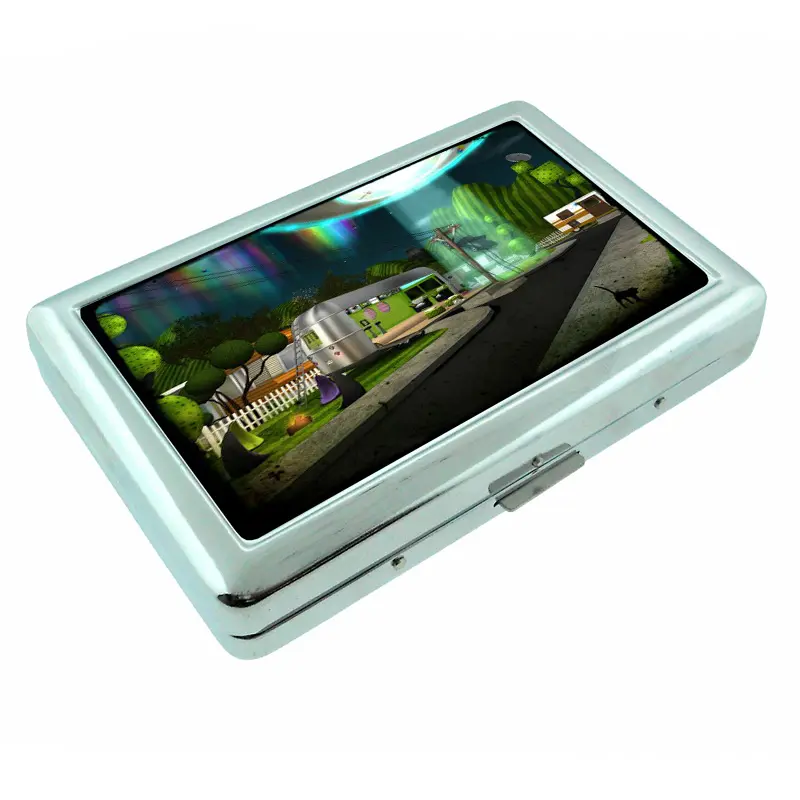 Vintage Cig Case Alien Invasion g5 Silver Metal Case Card Holder Wallet Tin Box Business Card