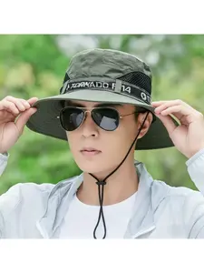 10cm brimmed flat top hat with letter print, adjustable strap, sun protection, UV protection, fishing, camping, hiking sun hat