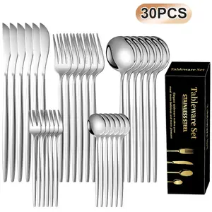 30PCS Stainless Steel Silverware Set for 6 – Mirror-Polished Knives, Forks, Spoons, Teaspoons & Dessert Forks, Durable and Dishwasher-Safe Metal,Cutlery, Stylish Flatware Set with Knives dinnerware service gold kitchen Kitchenware tikto Tableware Set