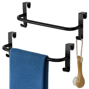 Over Cabinet Towel Bar Black, 10 Inch Kitchen Towel Holder with 2 Hooks, Over The Cupboard Door Dish Towel Rack, 2 Pcs
