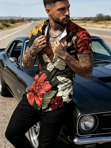 Men's Summer Floral Shirt, Block Large Flower Print, Short Sleeve Lapel Casual Comfy Collared Loose Fit Top, Casual Fashion