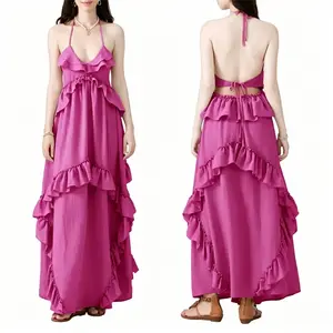 Women Long Dress, Sleeveless Halter Dress Backless Ruffled Summer Swing Dress for Vacation Beach.summer flowy dresses. vacation dresses. polka dot dress.