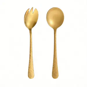Gold Salad Server Set Stainless Steel Serving Spoons Hammered Design Aesthetic Kitchen Utensils Luxury Tableware Modern Hosting Essentials Dinner Party Decor Housewarming Gift Flatware Cutlery Set Kitchenware SEO