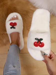Women's New Fuzzy Home Slippers, Fashionable Design with Cute Cherry Decoration, Soft Plush, One-Piece Slip-On, Fall & Winter Comfort
