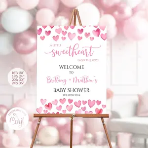 Editable A Little Sweetheart Baby Shower Welcome Sign Valentine Pink Hearts Girl Baby Shower Poster Digital Printable Decoration 