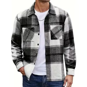 Men’s fashionable long-sleeve button-up shirt with a large plaid pattern and pocket design; men’s spring and autumn outdoor streetwear