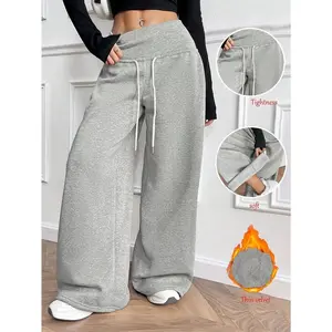Women's Thermal-Lined Winter Pants - Heavyweight Trousers with Drawstring Waist, Straight Leg Loose Fit for Everyday & Formal Outfits - Machine Washable Cold Weather Pants, Comfy Pants, Casual Wear, Solid Color Design, Soft Texture Fabric Bottoms Knit
