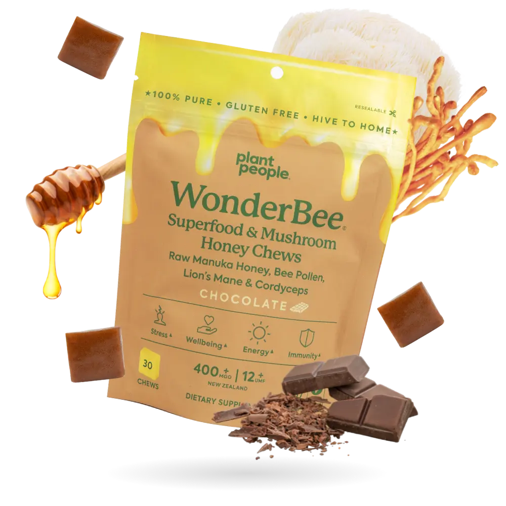Plant People WonderBee + Mushrooms Superfood Manuka Honey Chews, All-Natural Raw Ingredients, Chocolate-Flavored Health & Wellness Supplement
