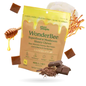 WonderBee + Mushrooms Superfood Manuka Honey Chews by Plant People, All Natural Raw Ingredients, Chocolate Flavor
