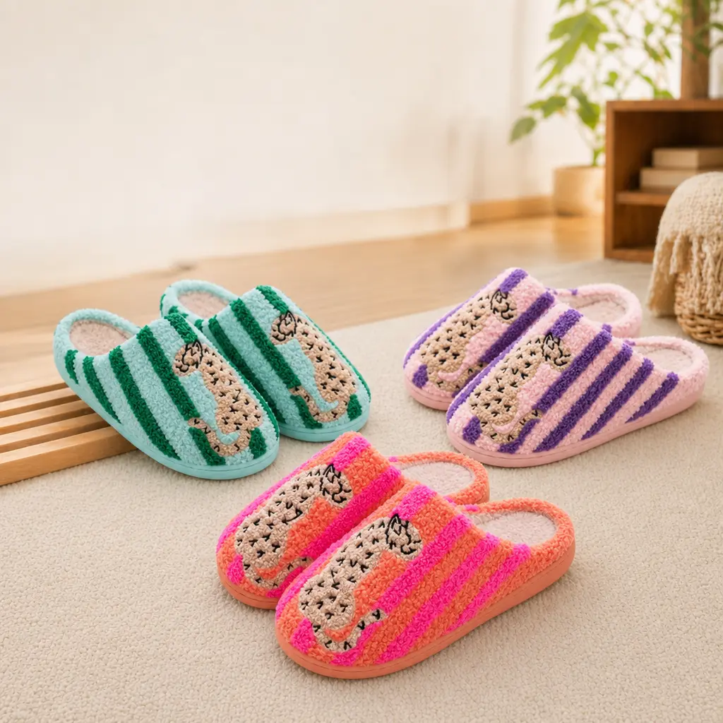 Women's Retro Striped & Leopard Pattern Fuzzy Closed Toe Slippers, Super Soft Fluffy Lined Warm Fabric, Anti-Slip Quiet Sole Cozy Indoor Bedroom Plush Slippers, Winter Home Shoes, Perfect Holiday Gift for Ladies, Leopard Print Slippers