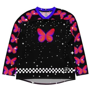 Vibrant Butterfly in Space Rave Jersey – Trippy Hockey Shirt, Psychedelic Festival Outfit, Cosmic Clubwear, Y2K Vaporwave Long Sleeve