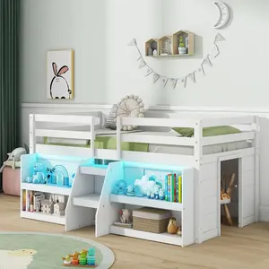 COSTWAY Low Loft Bed with LED Lights, Wooden Twin Loft Bed with Stairs & Safety Guardrail, Loft Bed Twin Size with Storage Bookcase and Under-Bed Play Space, Loft Bed for Kids