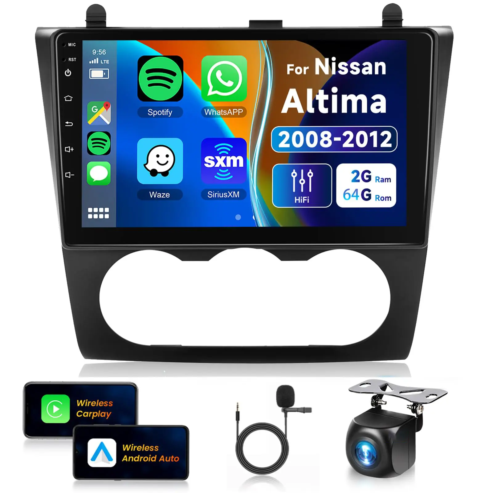 9 Inch Touchscreen Car Media Player for Nissan Altima 2008-2012 (Manual A/C) - Android Car Radio, Wireless CarPlay, Android Auto, Bluetooth, GPS Navigation, WiFi, Backup Camera, FM/RDS, SWC Audio Receiver, Voice Control, Front and Rear Set