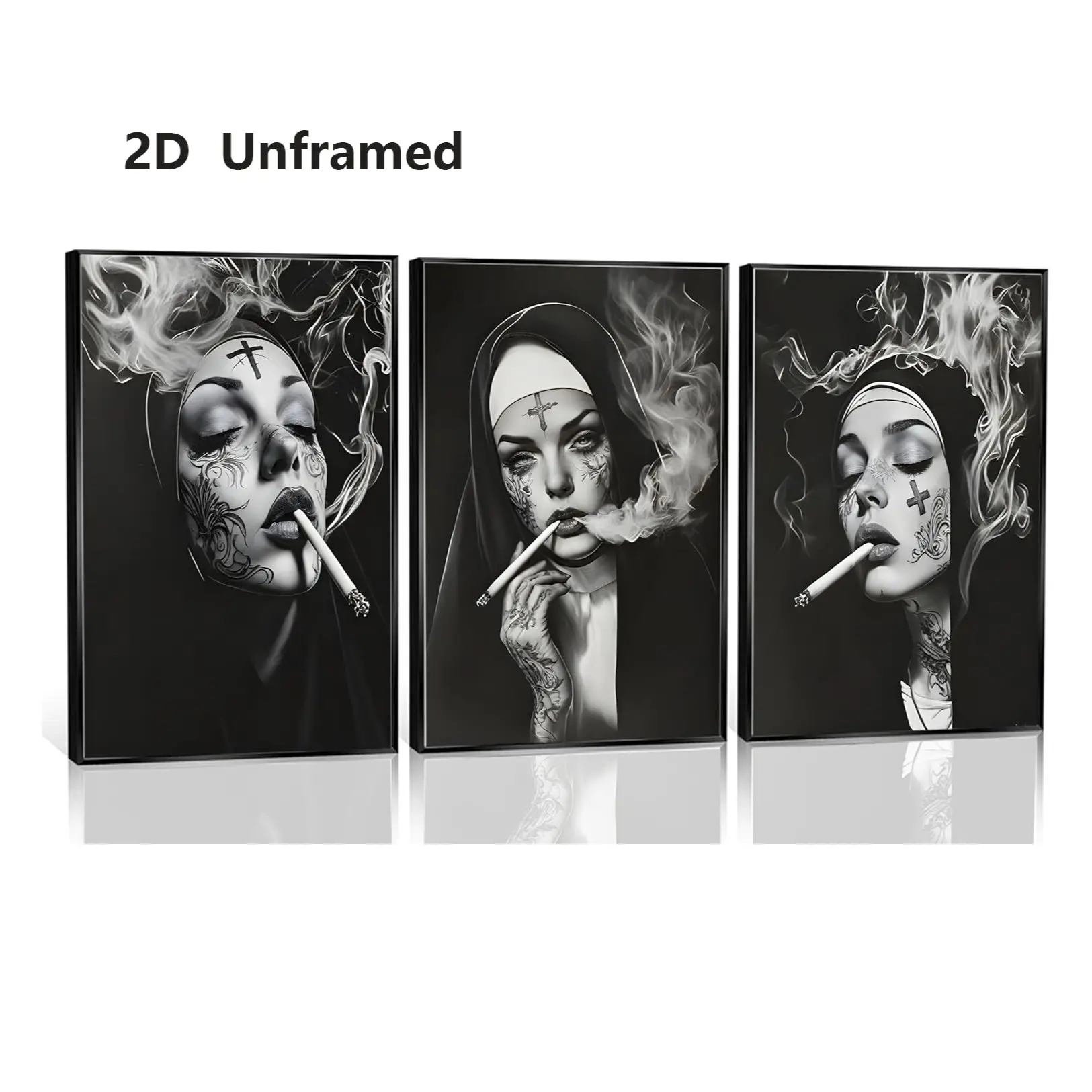 Set of 3: “Smoking Nun” Mural, Black-and-White Tattooed Woman Canvas Poster, Avant-Garde Gothic Dark Aesthetic, Decor for Living Rooms, Bedrooms, Studios, and Bars, Frameless