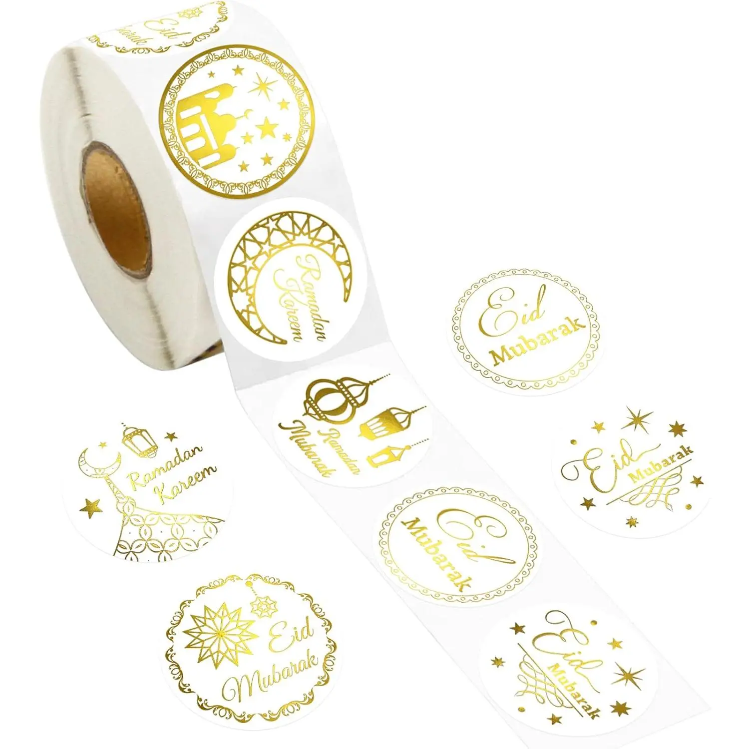 500PCS Gold Foil Eid Stickers Ramadan Kareem Eid Stickers Al-fitr Perforated Roll Gift Tag Kids