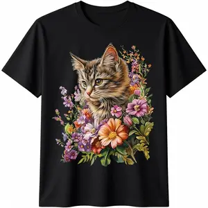 Cat Flower Floral Cute Kitten Graphic T-Shirt