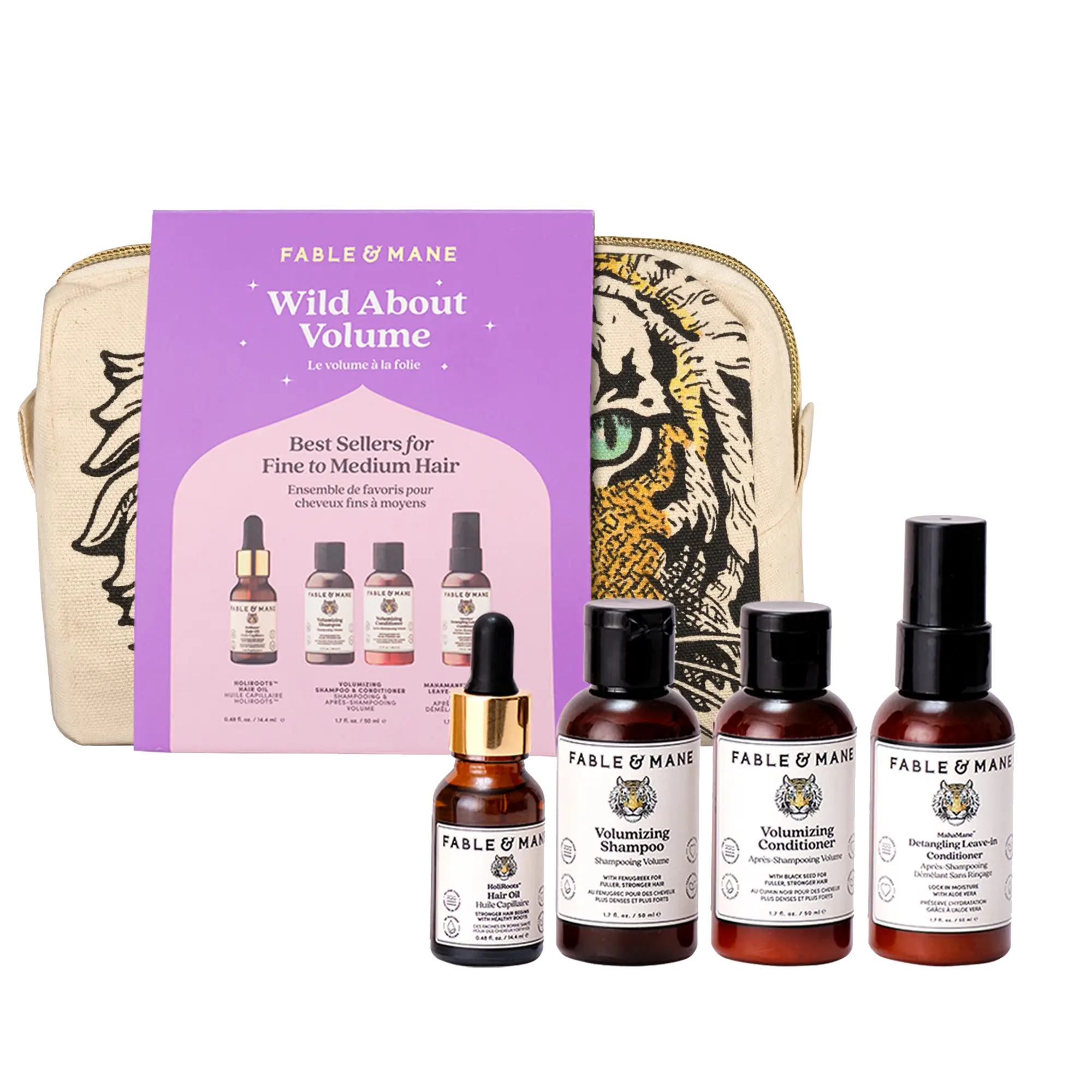 Fable & Mane Wild About Volume Travel Sized Set For Thinning, Fine or Medium Hair Types. Hair Oil, Shampoo, Conditioner and Styler