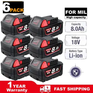 6Pack-M18 8000mAh 18V ReplacementBattery for milwaukee Replacingbatterieswith electric tools M-18 Battery PackCompatible with MilwM-18 8.0Ah LithiumBattery48-11-1890,48-11-1850,48-11-1828,48-11-1820.48-11-1815 Cordless Toolsmilwaukee battery