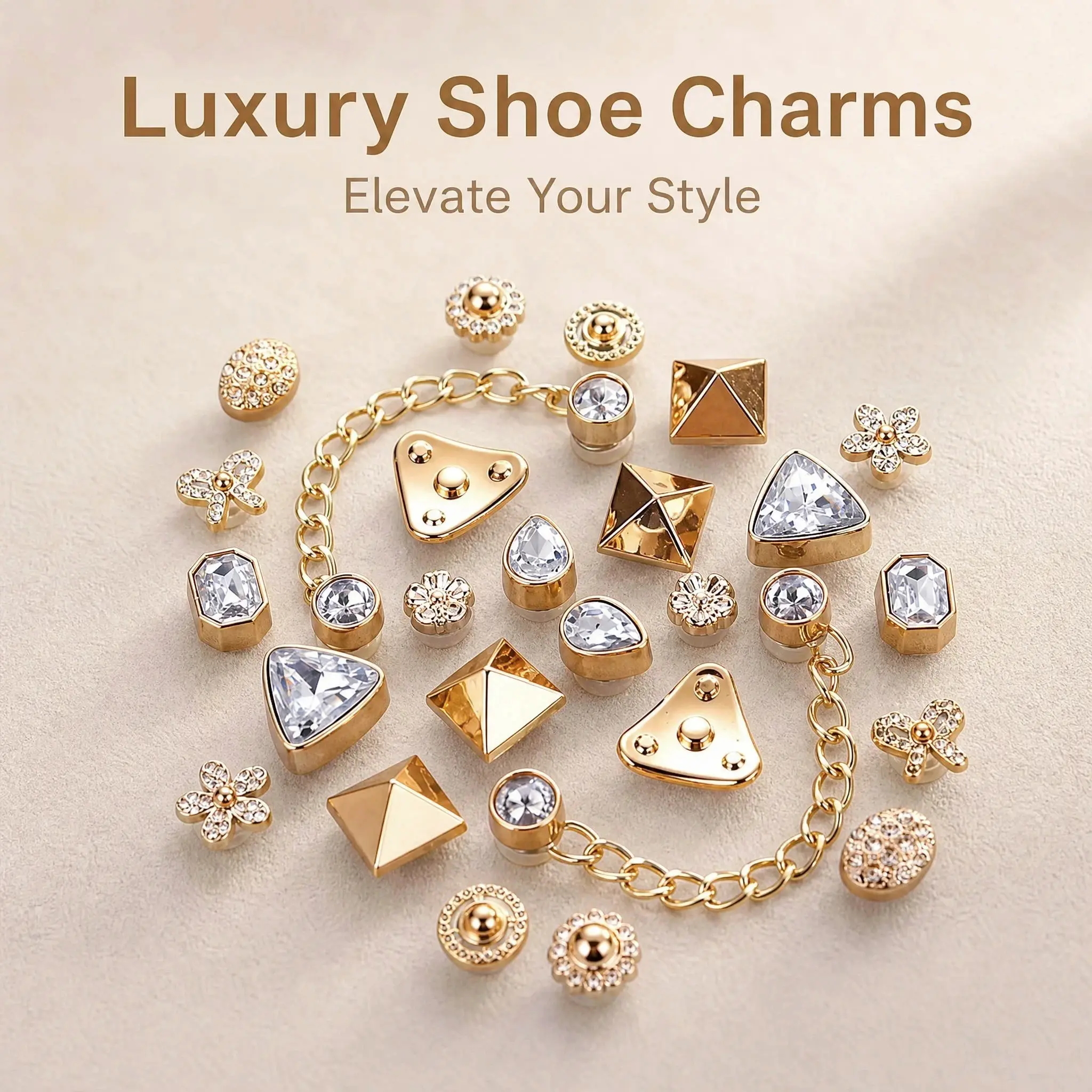 25Pcs Luxury Gold Alloy Rhinestone Shoe Charms With Decor Chain Bling DIY Ornaments For Clog Shoes Decoration Gift For Teen Girls And Women