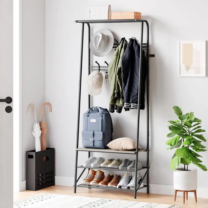 Grey Coat Rack Shoe Bench with 10 Hooks, Hall Trees Entryway Bench with Storage, Multifunctional Hallway Organizer, Wood Look Accent Furniture with Metal Frame