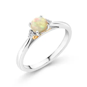 Gem Stone King 925 Sterling Silver and 10K Yellow Gold White Ethiopian Opal and White Lab Grown Diamond Engagement Ring For Women (0.34 Cttw, Gemstone)