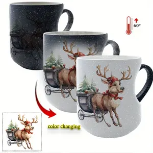 Christmas Reindeer with Sleigh and Christmas Tree Ceramic Color-Changing Mug Thermosensitive Ceramic Mug Halloween Magic Mug Interesting cup - 11 oz / 330 ml Heart-Shaped Handle Mug for Coffee, Tea, Hot Chocolate, and More!Ideal gift for Christmas, V
