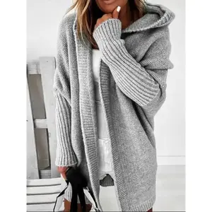 Women's Knitted Solid Color Hoodie Cardigan, Casual Batwing Long Sleeve Sweater, Loose Fit Fall & Winter Fashion