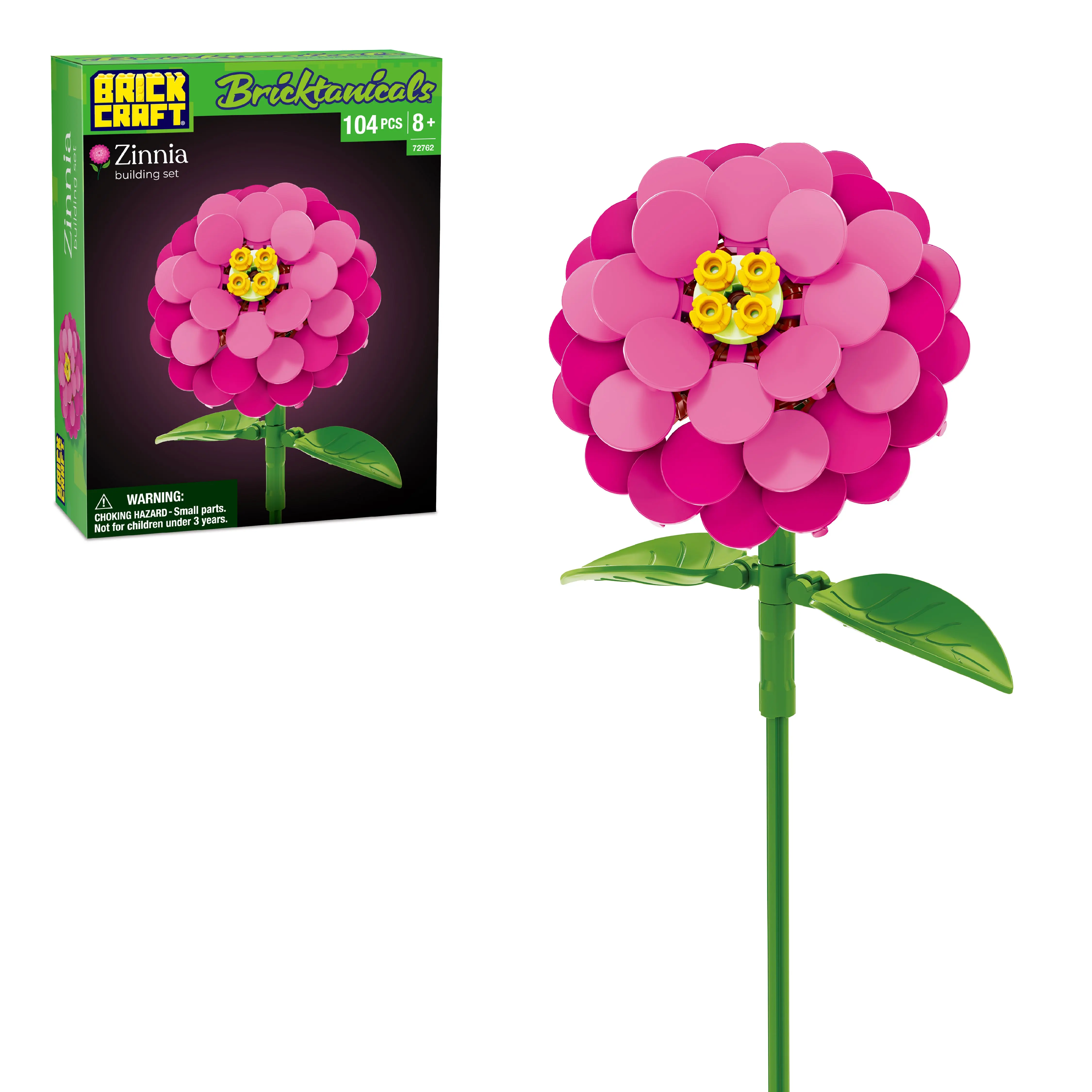 Brickcraft Bricktanicals Zinnia Building Set, 104-Piece Faux Flower Model Kit with Adjustable Stem for Adults & Teens 8+