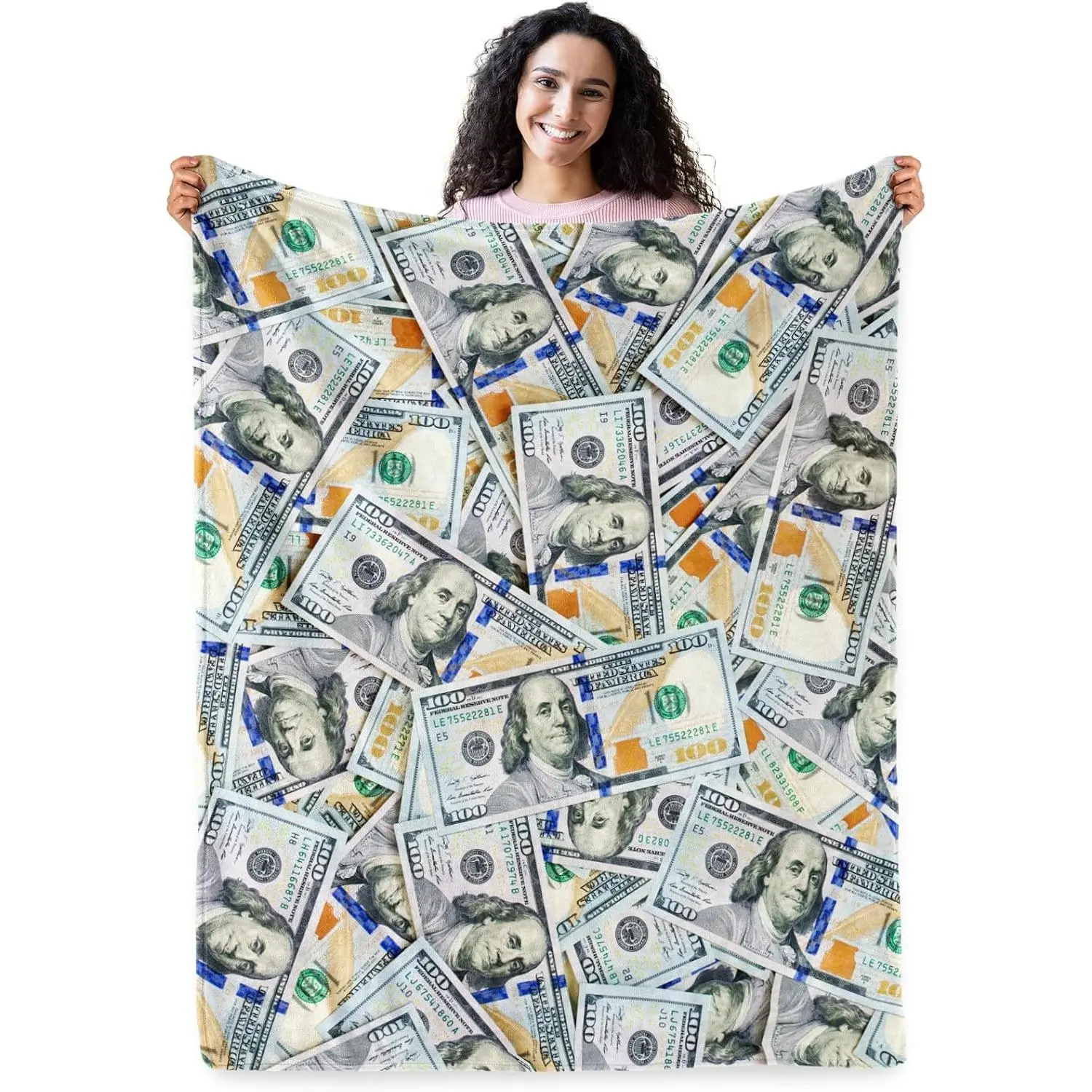 100 Dollar Bill Cash Print Funny Money Blanket - Flannel Fabric, Soft Plush, Wrinkle Resistant, Water Repellent, Durable, Lightweight All-Seasons Throw Blanket for Family, Friends, Ideal Sofa Gift for Adults