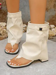 Women's Square Toe Chunky Heel Boots, Crinkle Pile Design, PU Leather Upper, Above Ankle Height, Fashionable Formal Evening Shoes, Footwear